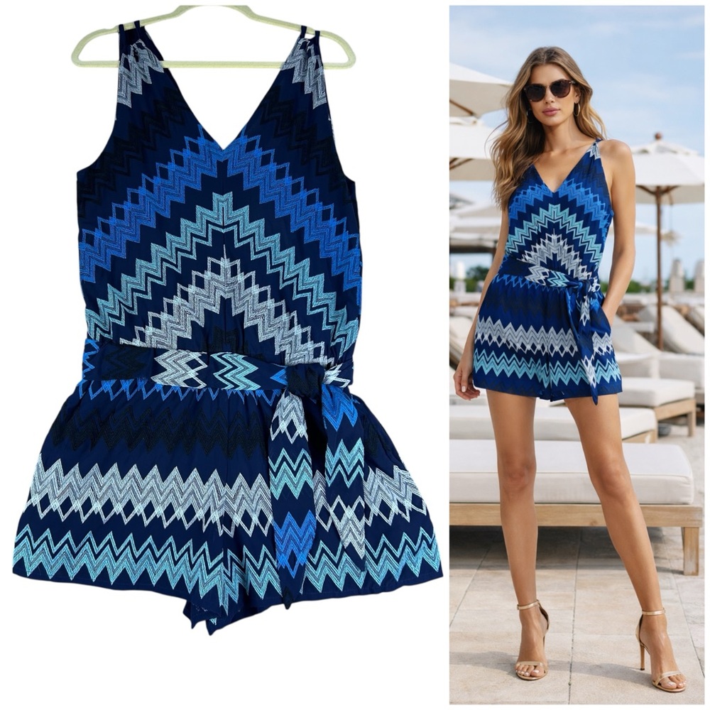 Ramy Brook Bernie Romper Size 8 NWT Blue Chevron Embroidered V Neck Tie Waist
